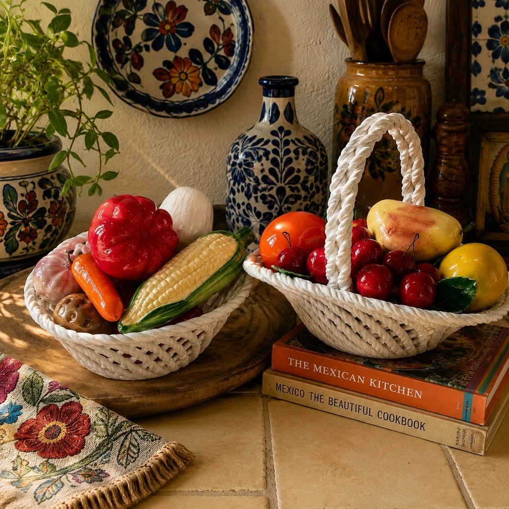 Vintage Capodimonte Style Ceramic Fruit Basket Cherries Italian Decor
